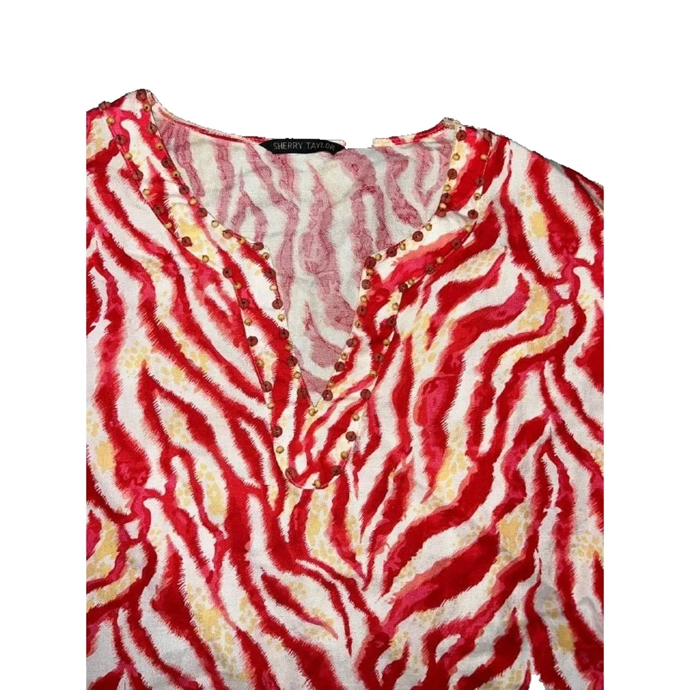 Sherry Taylor Red White Zebra ramie v-neck print 3/4 Sleeve Blouse 3X A005416 - Picture 3 of 8